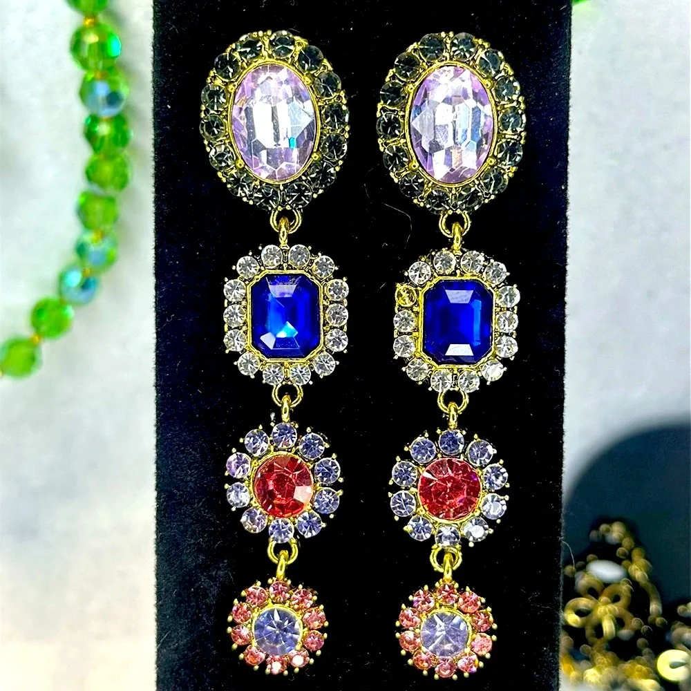 5J: Victorian Style Dangling White, Blue, & Pink Rhinestone Earrings, NIB